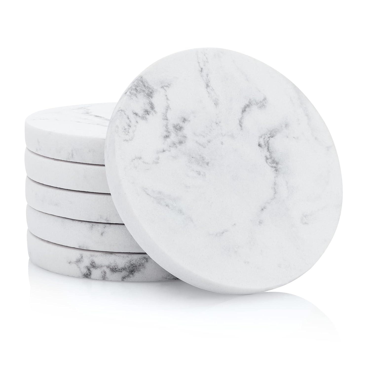 Essentra Home Set of 6 White Marble Coasters for Drinks, Soft Felt Bottom Protects Your Furniture from Scratches, Absorbent 4 Inch Coasters