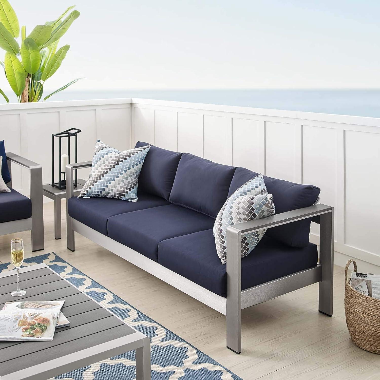 Ergode Shore Sunbrella Fabric Aluminum Outdoor Patio Sofa - Silver Navy