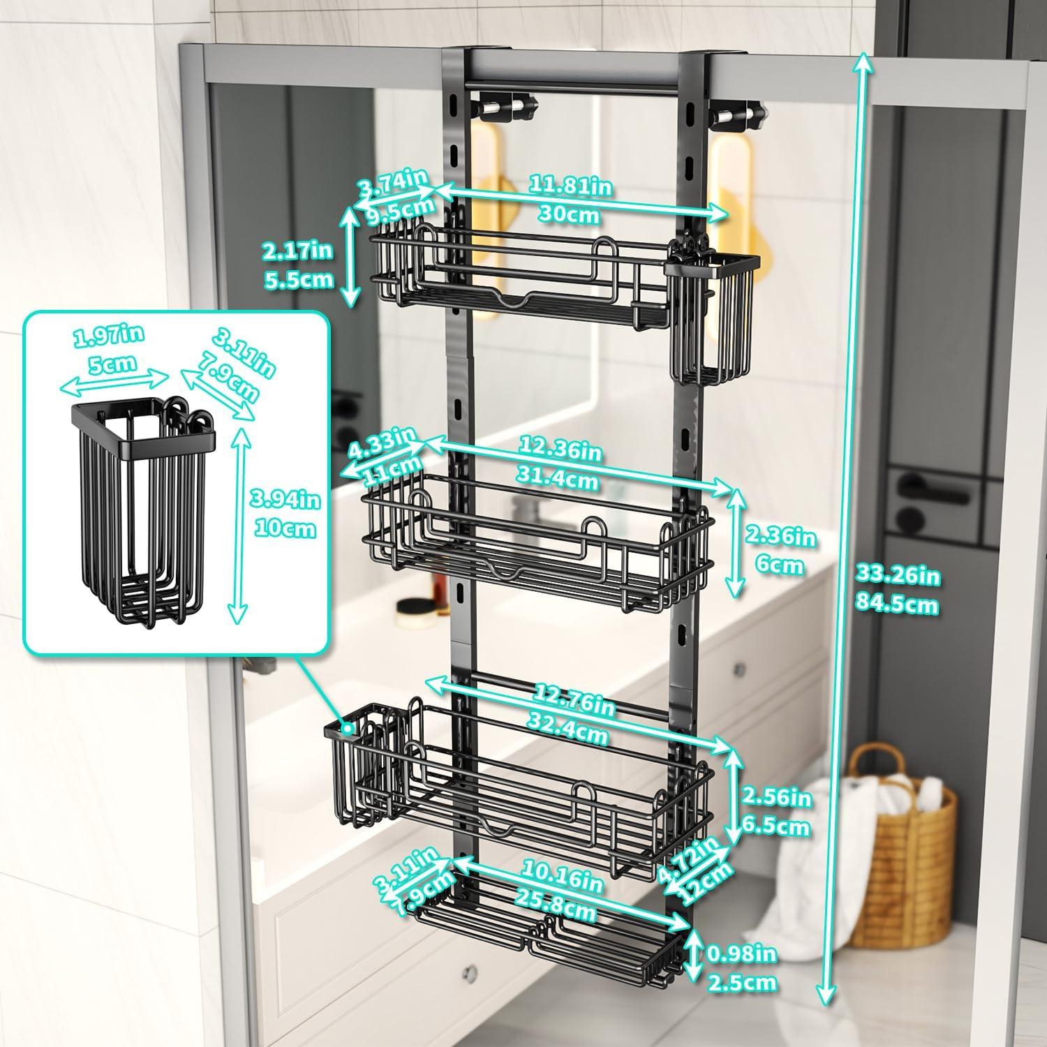 LEFEE 4 Tier Over the Door Shower Caddy, Hanging Shower Caddy with 22 Hooks and 2 Toothbrush Holders, No Drilling Adjustable Hanging Shower Organizer for Bathroom