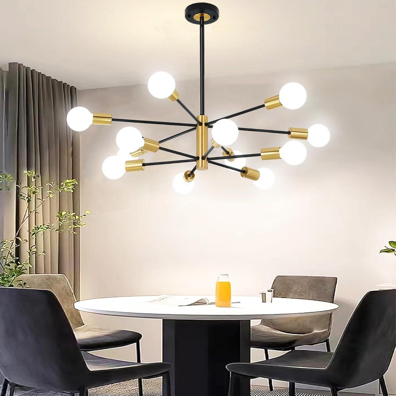 Kaisite  12-Light Modern Sputnik Chandeliers Black & Gold Ceiling Light Fixtures for Dining Room Living Room Bedroom