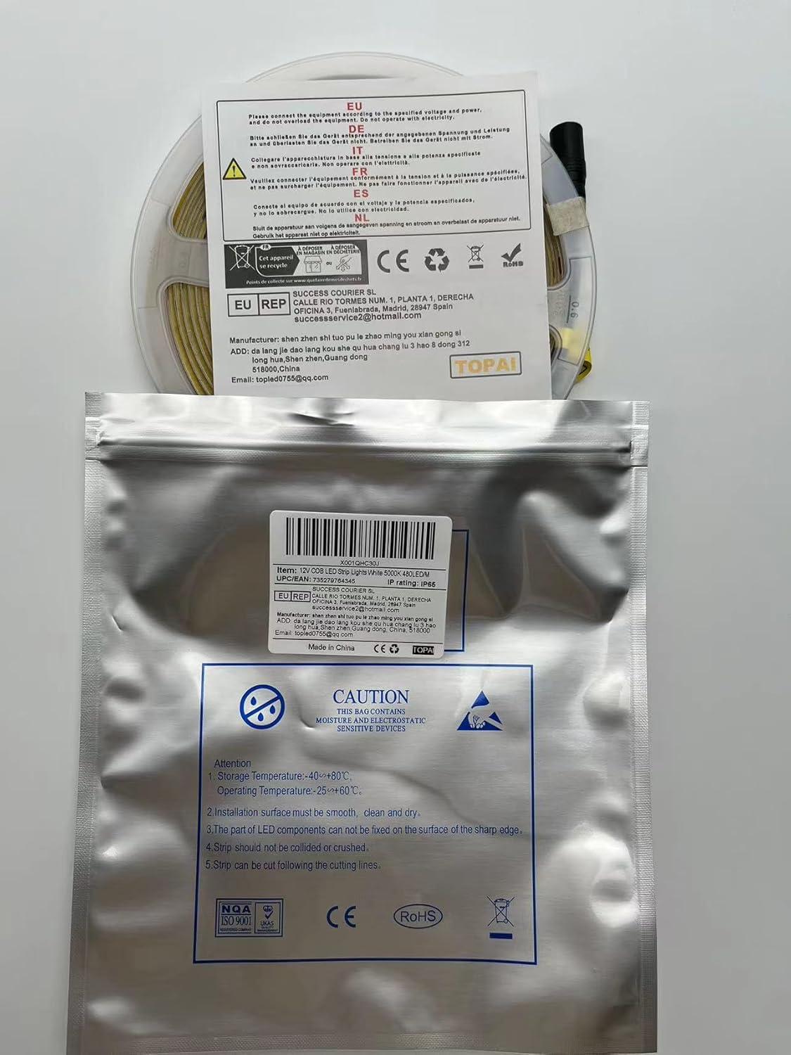 12V COB LED Strip Light Daylight White 5000K Waterproof IP65 480LEDs/M Super Bright 4000Lm CRI>90 16.4ft/5M Dotless High Density Cuttable Flexible for Cabinet Home DIY Lighting Projects