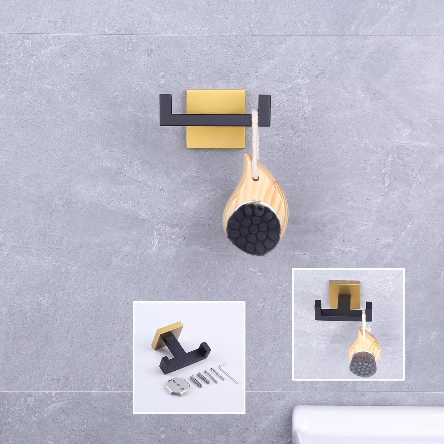 Bathroom Wall Mounted Dual Towel Hook in Black and Gold