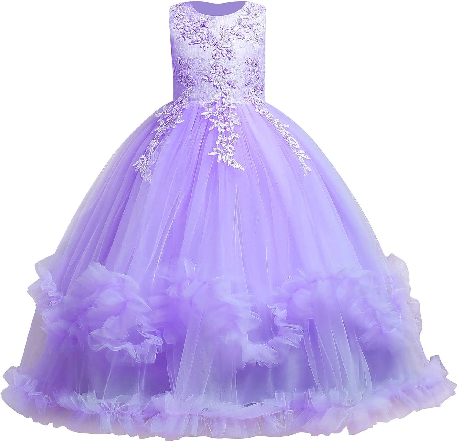 IBTOM CASTLE Vestidos de Desfile Bordados de Encaje Bohemio Floral de Princesa para Fiesta de Niños Boda Vestido Largo de Comunión Hinchado 11-12 Años Púrpura
