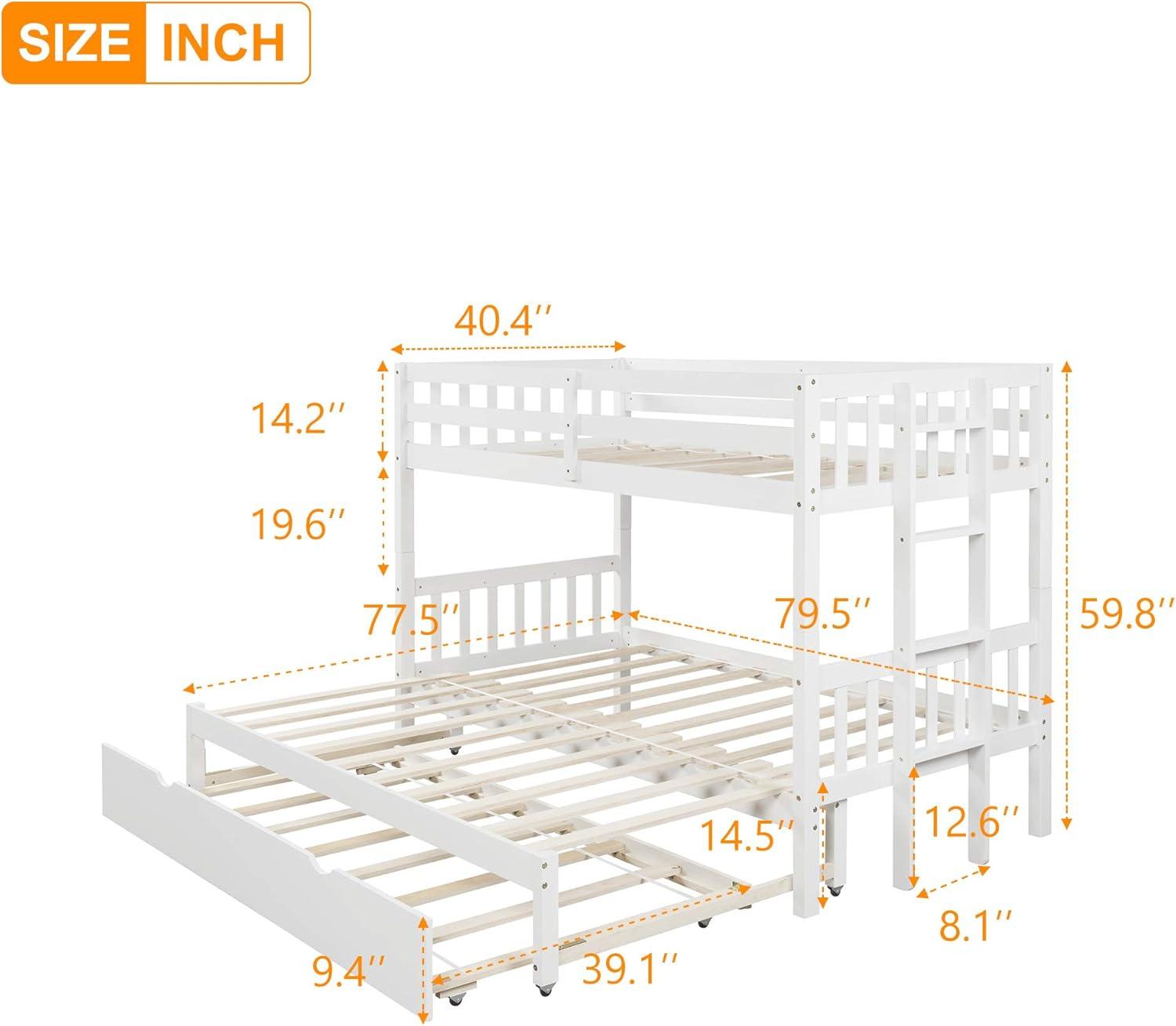 DreamBuck, Twin over Pull-out Bunk Bed with Trundle, Solid Wood Twin Over Twin/King Bunk Bed, Extendable Bunk Beds with Ladder and Safety Rail, Thicken Wooden Bunkbed, Accommodate 4 People, White