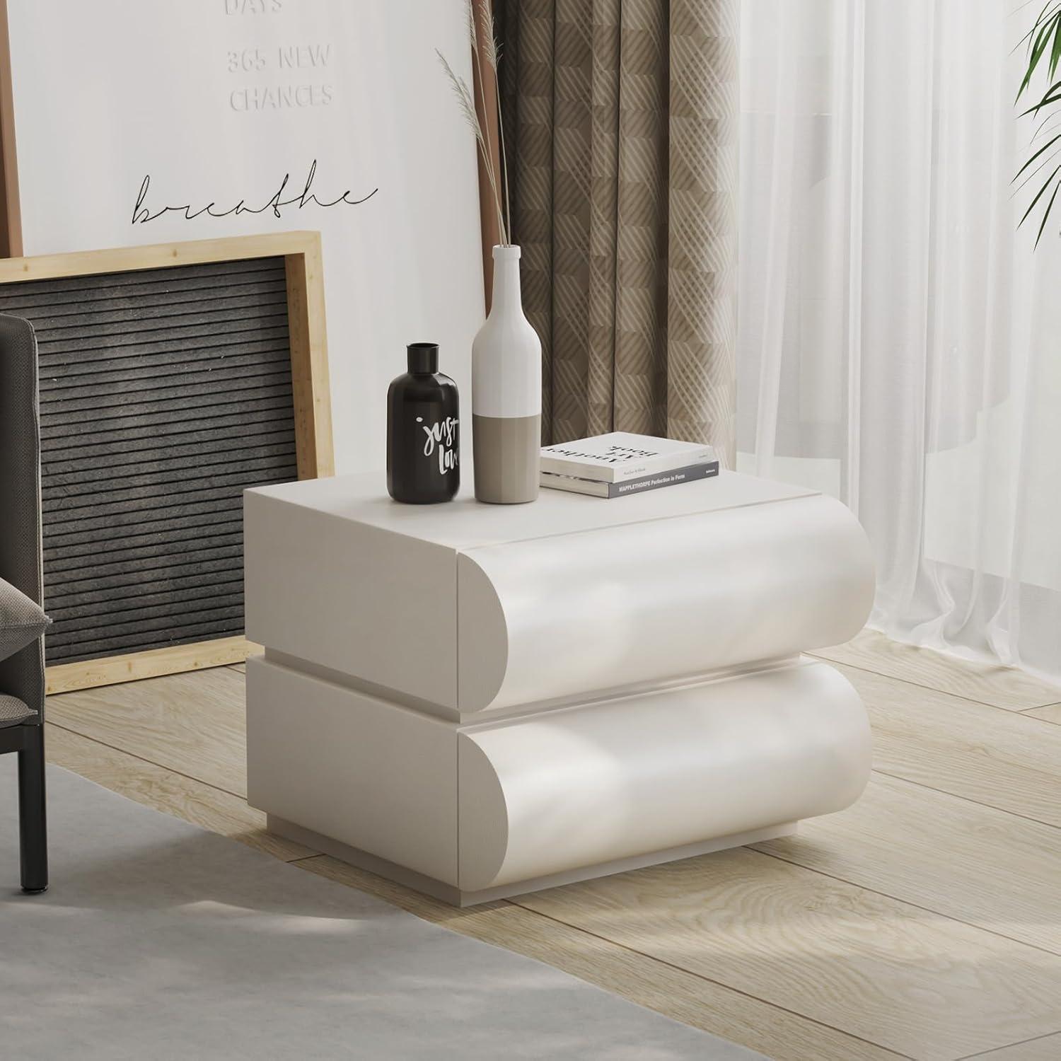 Wrought Studio™ Hasya White Nightstand with 2 Solid Wood Drawers, Leather Bedside Table for Bedroom, No Assembly Required