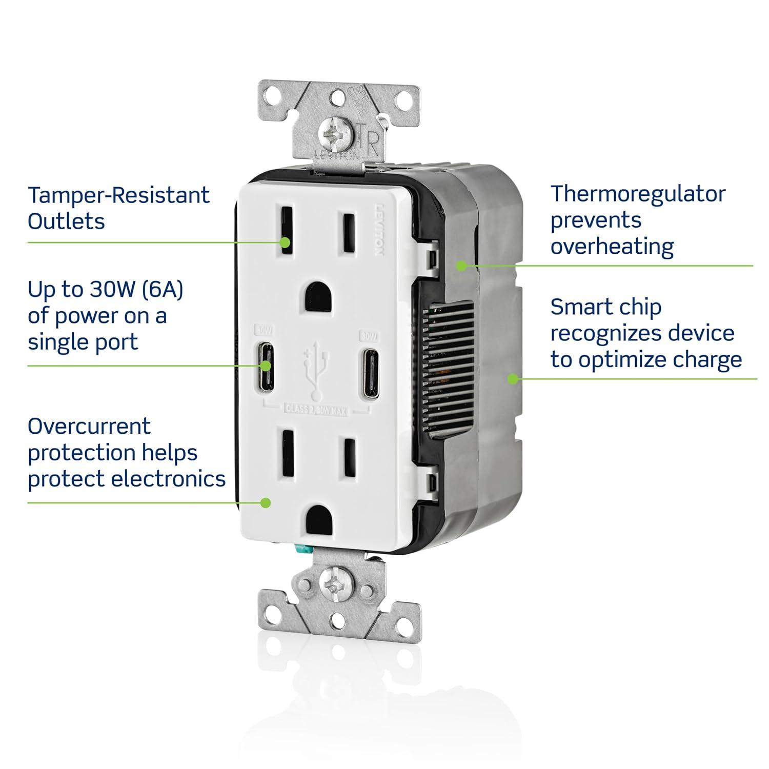 Leviton T5635-T USB Dual Type-C with Power Delivery (PD) In-Wall Charger with 15 Amp, 125 Volt Tamper-Resistant Outlet, Light Almond