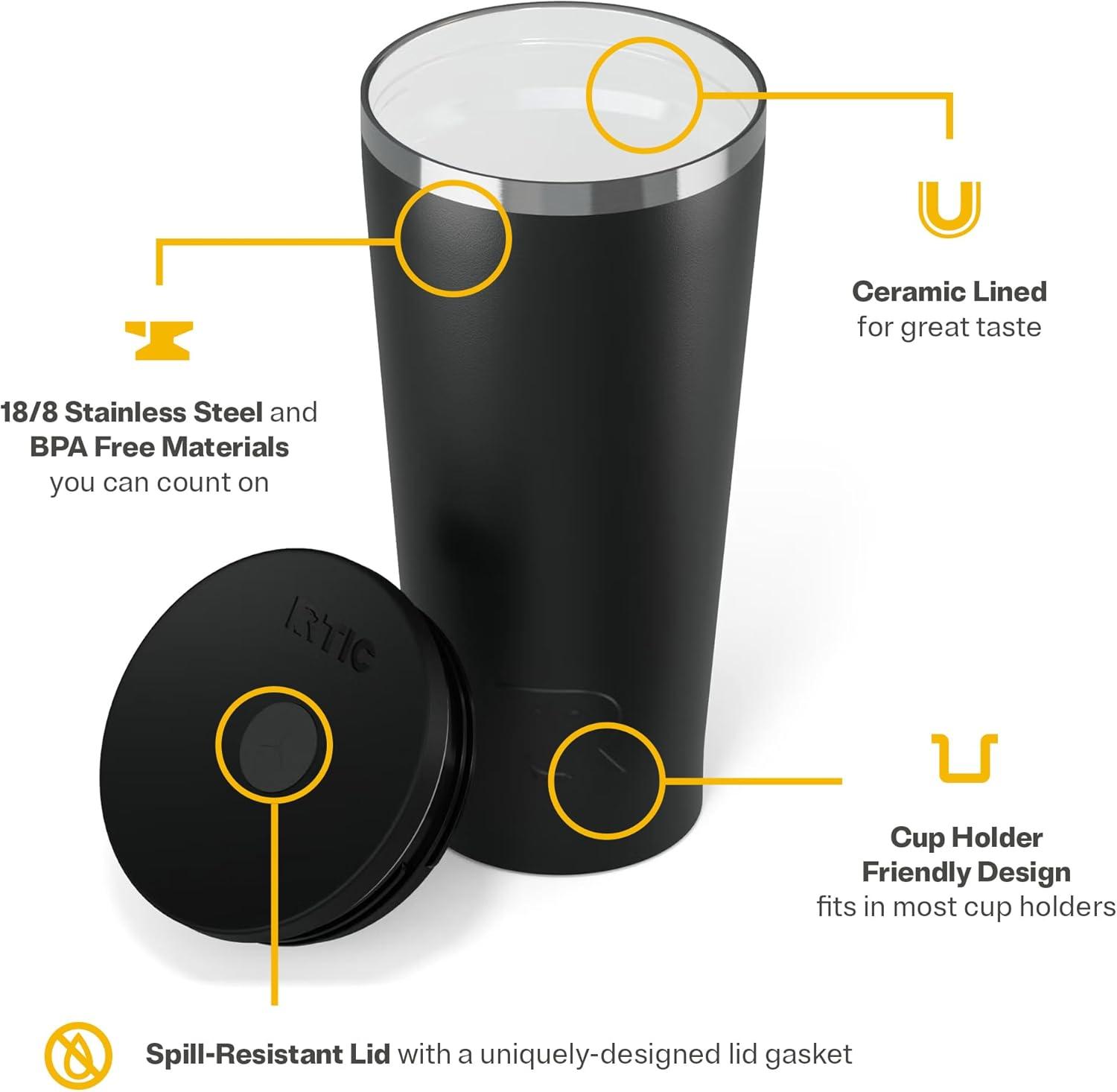 RTIC 20 oz Ceramic Lined Everyday Tumbler, Spill-Resistant Straw Lid, Black