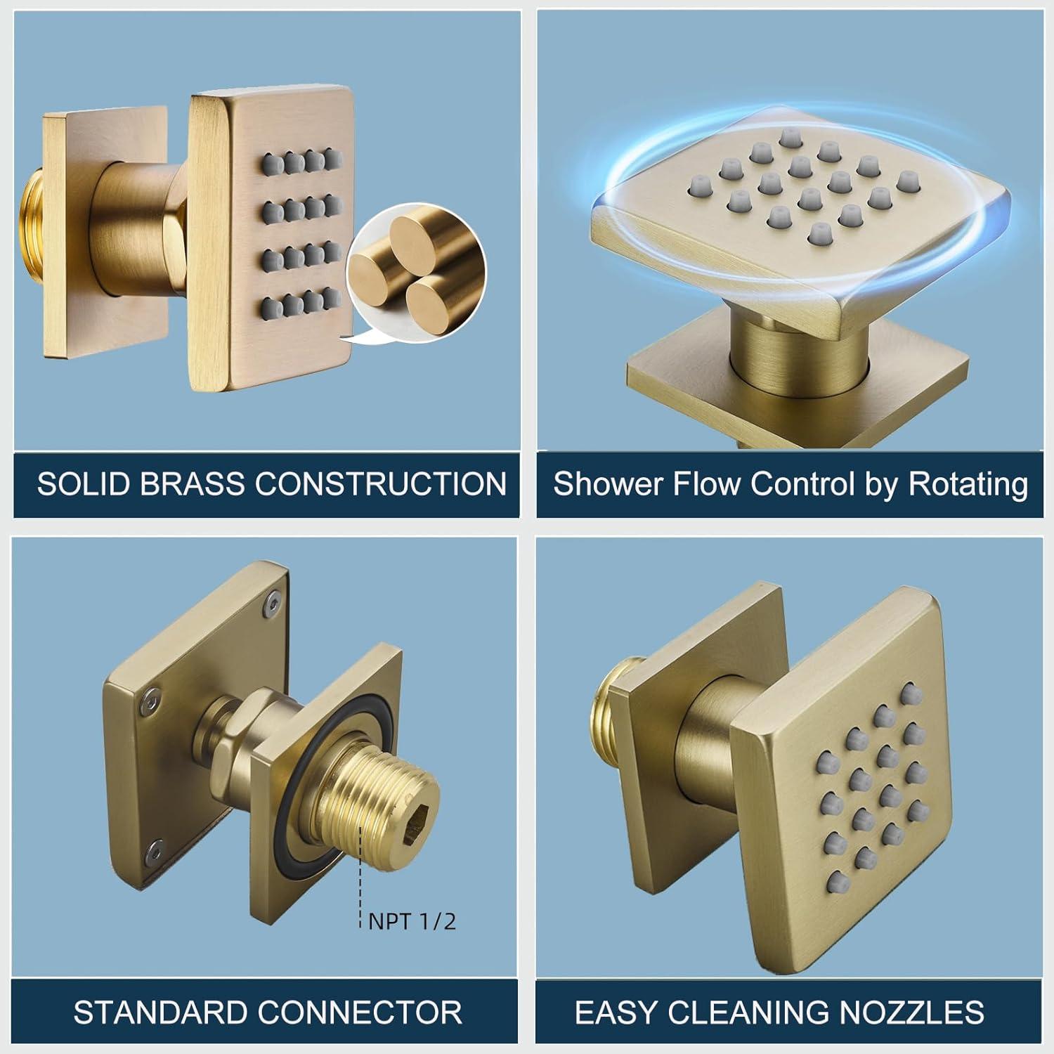 Shower Body Spray Jets with On Off 4PCS Square Shower Body Jet Brass Head Spray Spa Massage Body Shower Side Wall Spray Jets-Flow Cotrol (Brushed Gold)