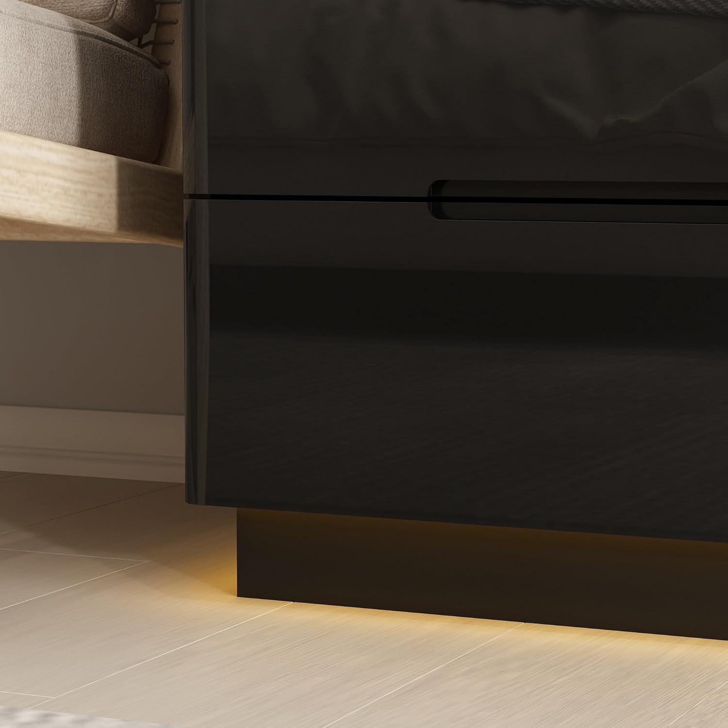Black 8-Drawer 63 in. W Wood Double Dresser Chest of Drawers Bedroom Storage Organizer in With High Gloss and LED Lights