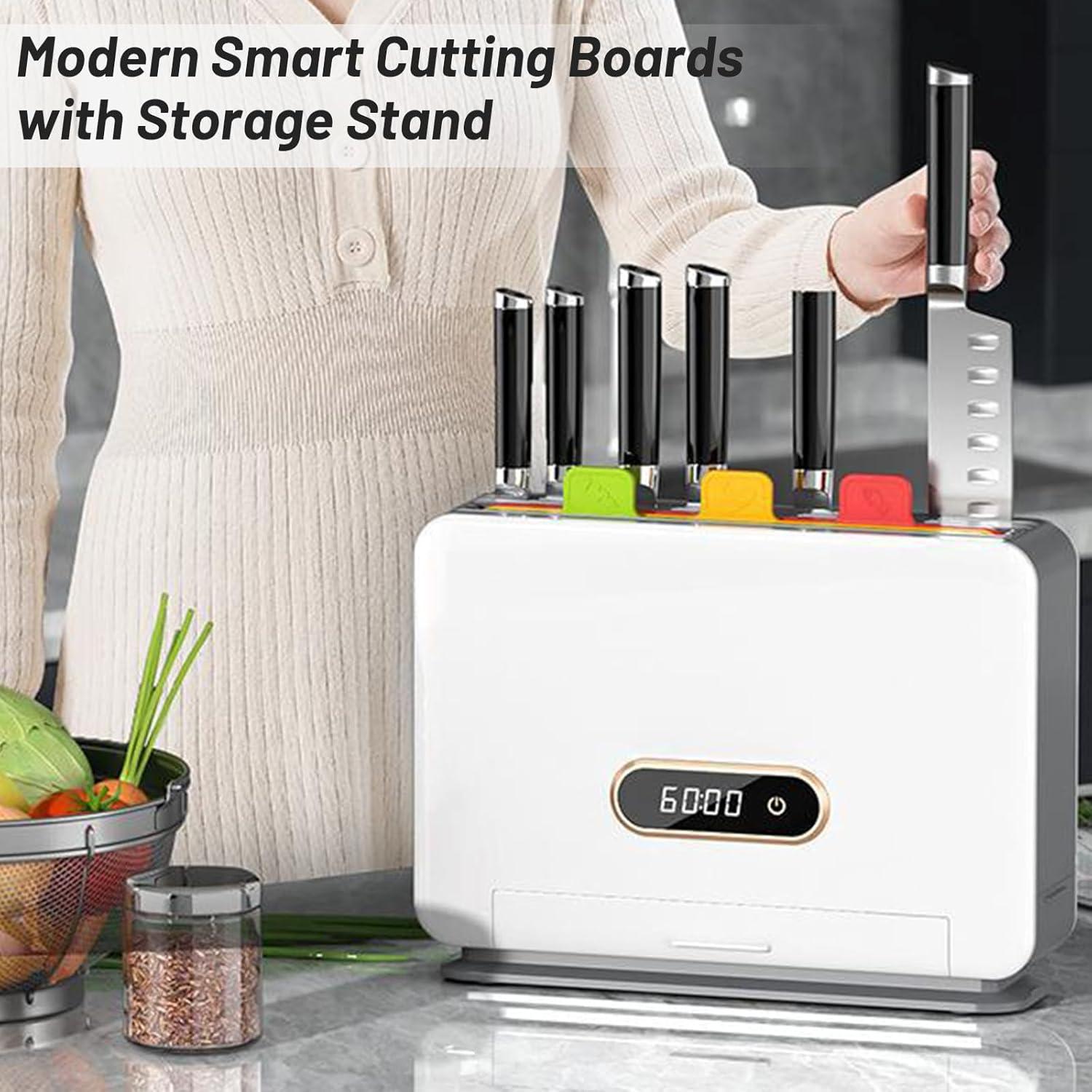 Modern Smart Cutting Boards with Storage Stand, Cleaning Cutting Board Set with 3 Color Coded Cutting, Drying Chopping Board & Knives Organizer,Smart Home Gadgets for Kitchen with Knife Block (White)