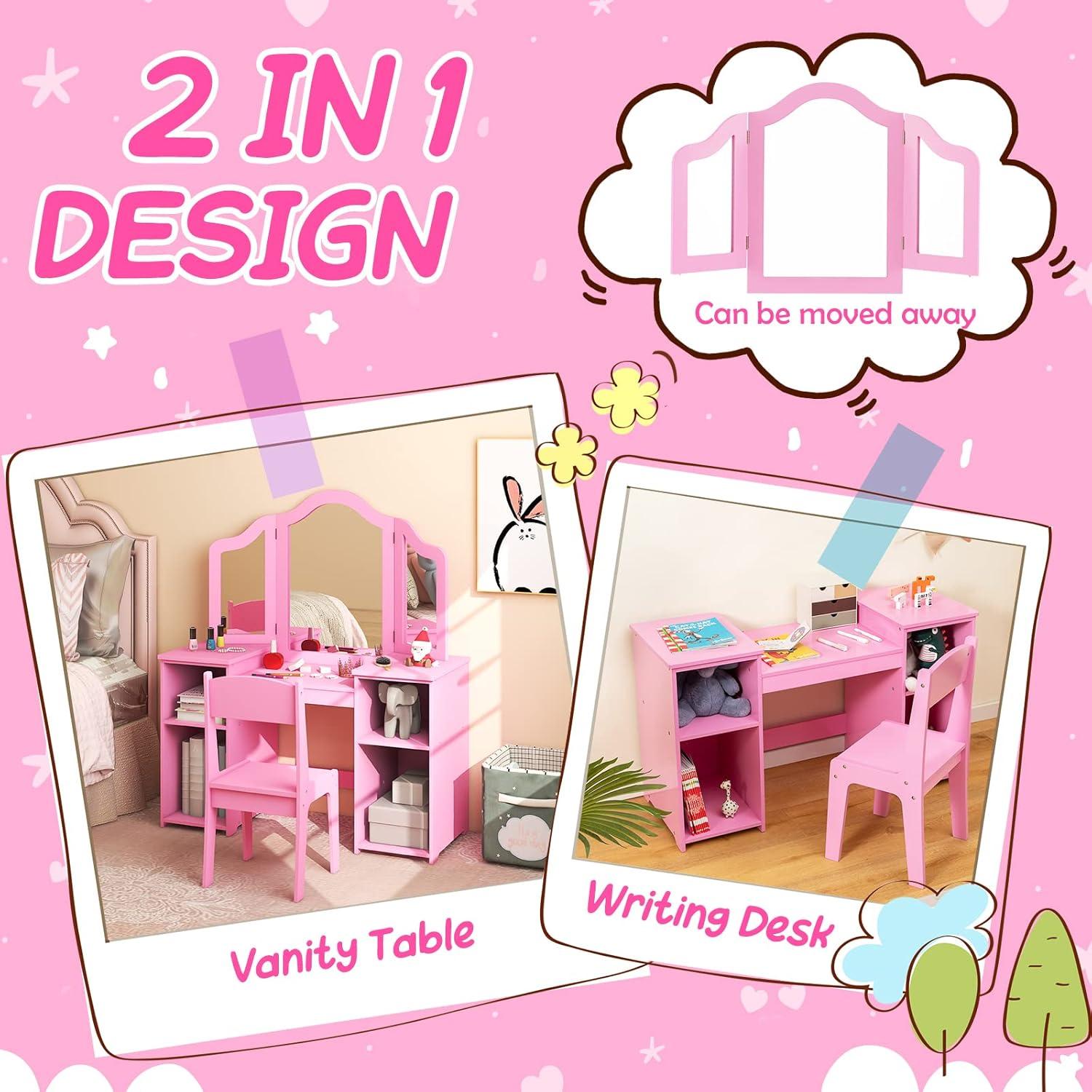 KORIMEFA Kids Vanity, Girls Vanity With touch Light Detachable Tri-Folding Mirror, Open Storage Shelves, Wood Makeup Playset with Chair, Princess Vanity Table for Toddlers, Pink