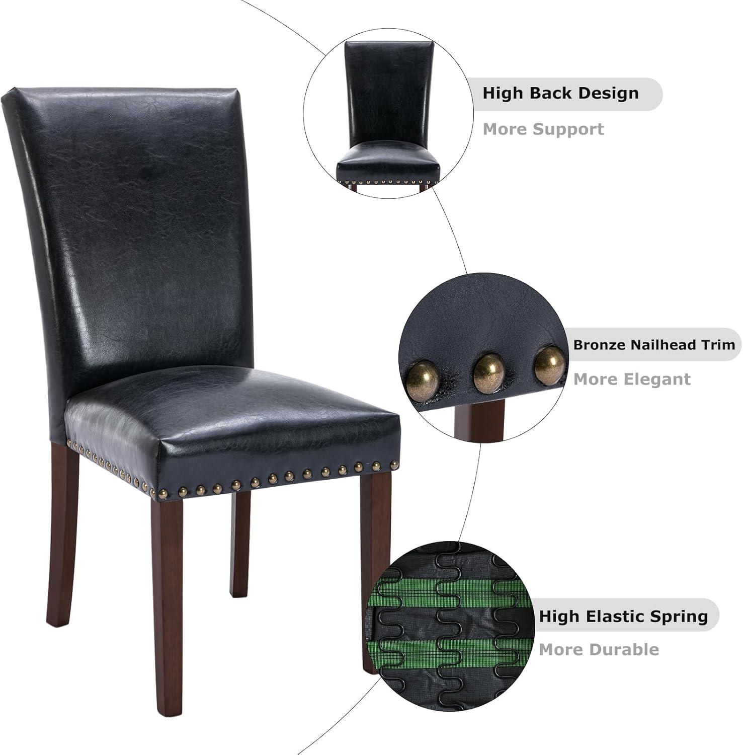 Colamy Black Upholstered Wood Legs Parsons Leather Dining Chairs with Nail head Trim Set of 2 for Dining Room
