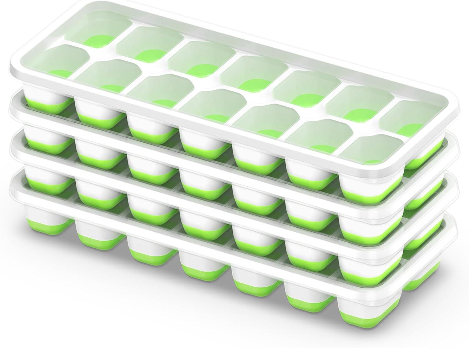 SDJMa Ice Cube Trays 4 Pack, Easy-Release Silicone Bottom 14-Ice Cube Maker with Spill-Resistant Removable Lid, BPA Free, for Cocktail, Freezer, Stackable Ice Trays with Covers