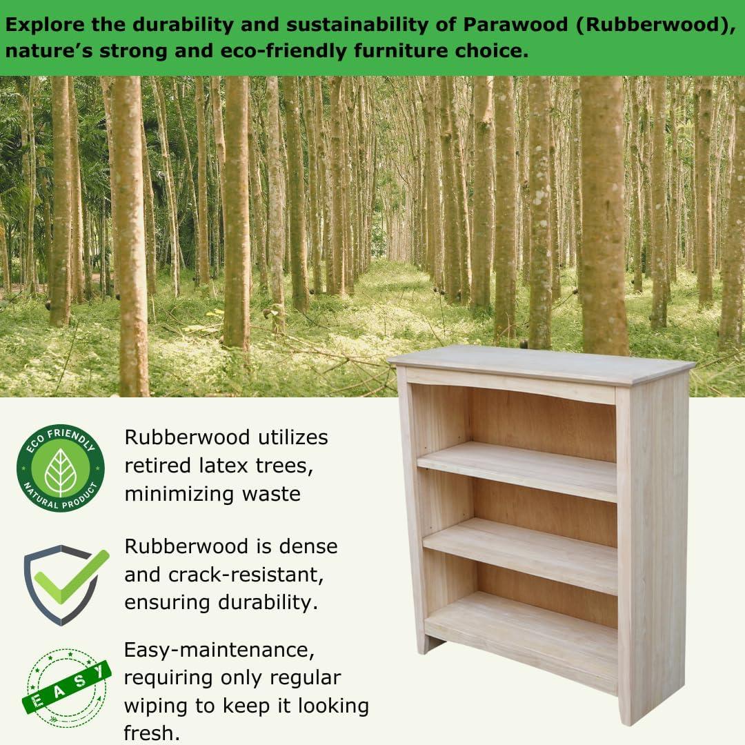 International Concepts 36" Shaker Bookshelf Unfinished: Mid-Century Modern Style, 3-Tier Storage, Hardwood Construction