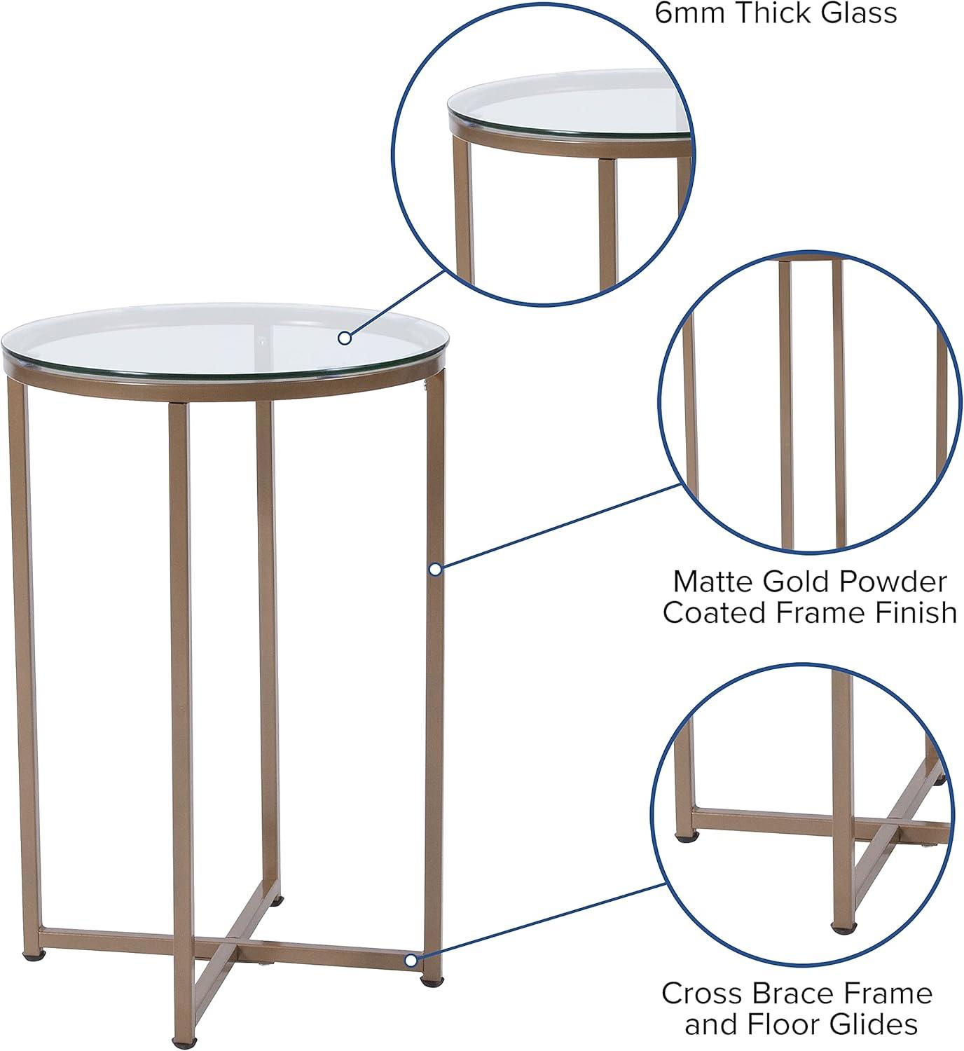 Elegant Round Glass Top End Table with Brushed Gold Crisscross Base