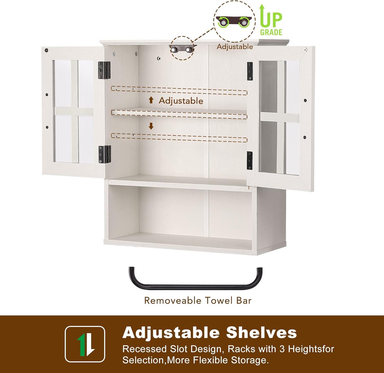 Wood Wall Storage Cabinet With Cross Glass Doors, Farmhouse Wall Mounted, 3 Tier Rustic Cabinet With Adjustable Shelves And Towel Bar For Bathroom, Living Room, Vintage White