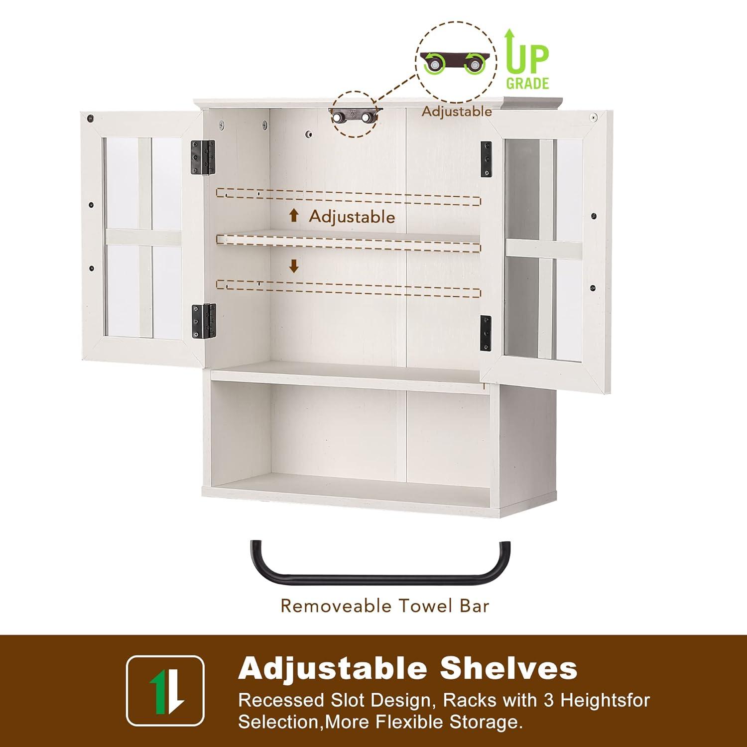 Wood Wall Storage Cabinet With Cross Glass Doors, Farmhouse Wall Mounted, 3 Tier Rustic Cabinet With Adjustable Shelves And Towel Bar For Bathroom, Living Room, Vintage White