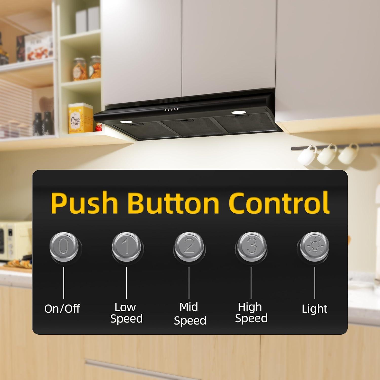 FIREGAS 36 inch Under Cabinet Range Hood 300CFM with Ducted/Ductless Convertible, Slim Kitchen Over Stove Vent, 3 Speed Exhaust Fan, Reusable Aluminum Filters, Push Button, Black