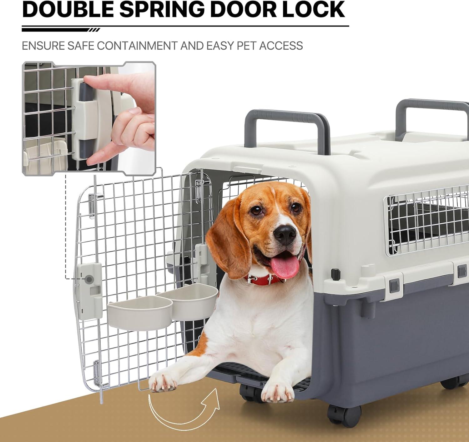 MoNiBloom Jaula Transpirable para Mascotas de 27 Pulgadas, Caja de Transporte, Perrera de Viaje para Perros con Tazones y Ruedas para Gatos y Gatitos, Aprobada por Aerolíneas, Blanco/gris