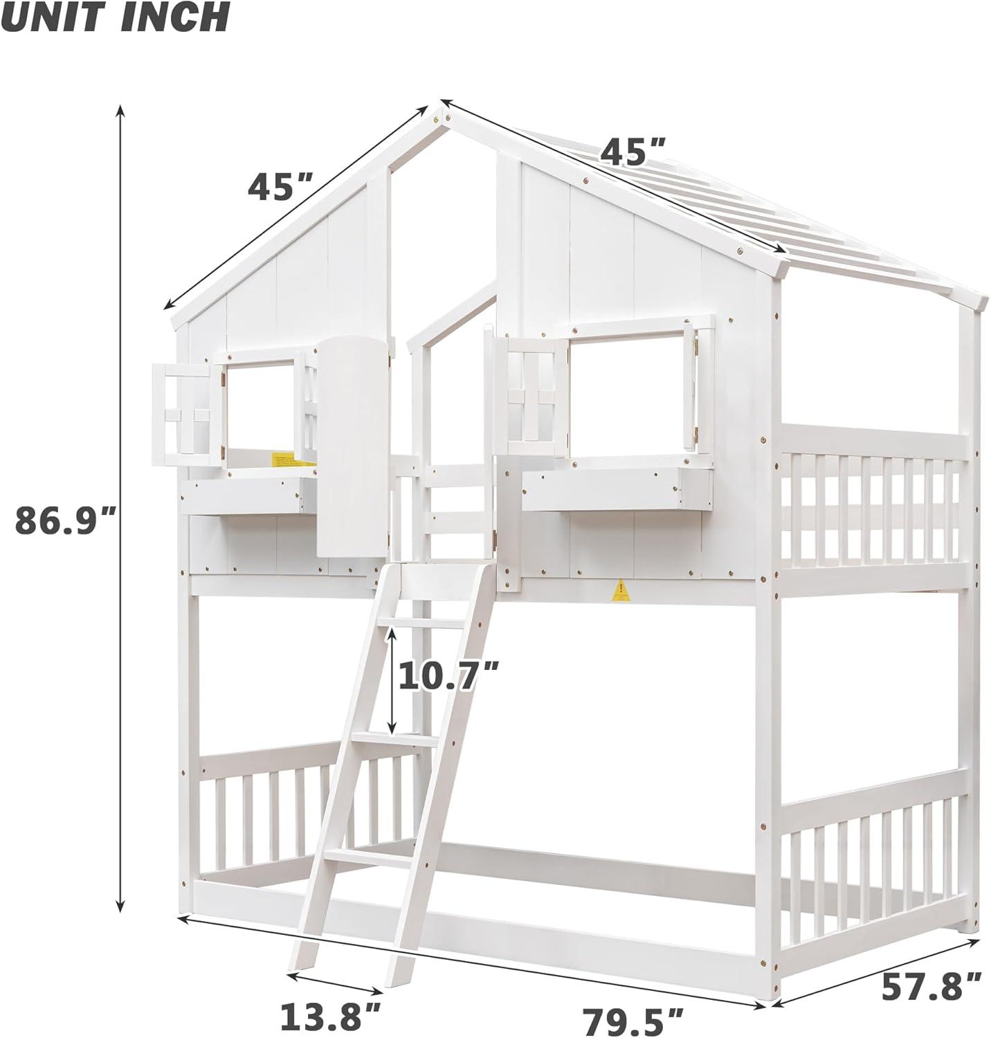 Harper & Bright Designs House Bunk Bed Twin Over Twin Kids Bunk Bed Wood Frame with Roof, Window, Window Box, Door, Safety Guardrails and Ladder, for Girls Boys (Twin Size, White)