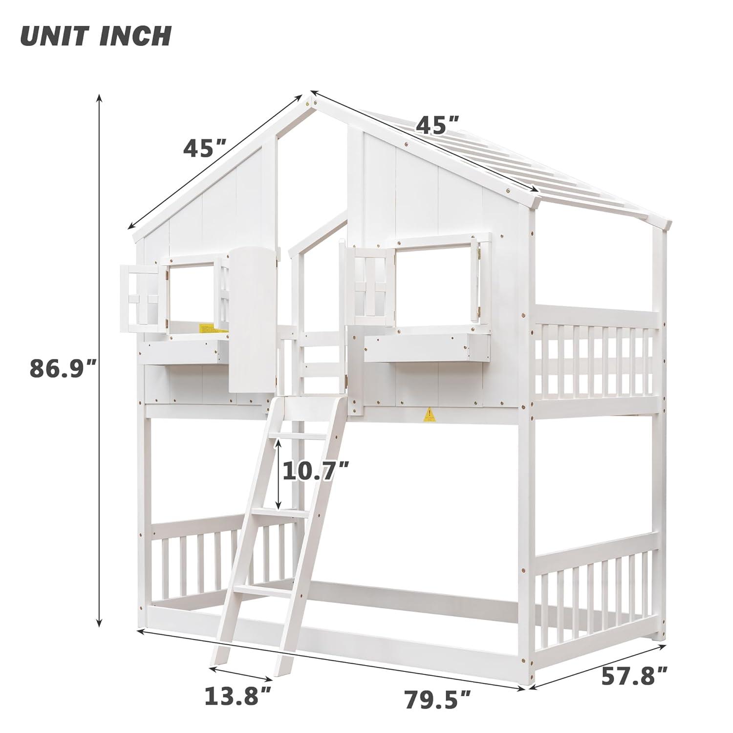 Harper & Bright Designs House Bunk Bed Twin Over Twin Kids Bunk Bed Wood Frame with Roof, Window, Window Box, Door, Safety Guardrails and Ladder, for Girls Boys (Twin Size, White)