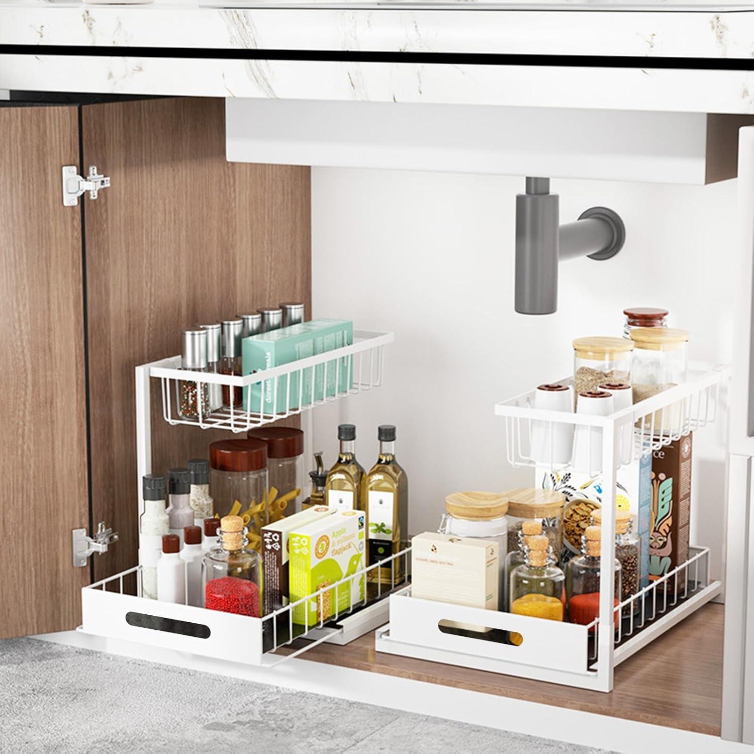 White Expandable Under Sink Organizer with Sliding Shelves