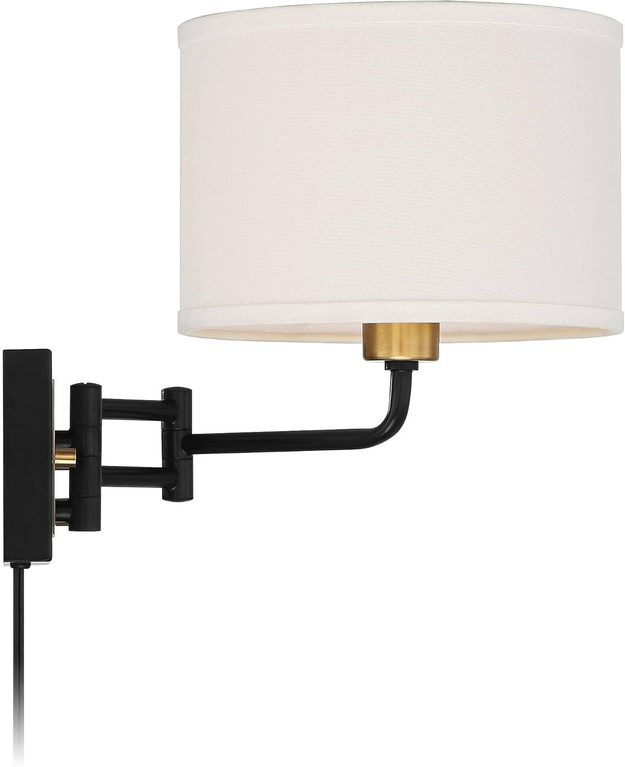 360 Lighting Joelle Modern Swing Arm Wall Lamp Brass Black Plug-in Light Fixture Fabric Drum Shade for Bedroom Bedside Living Room Reading Home House