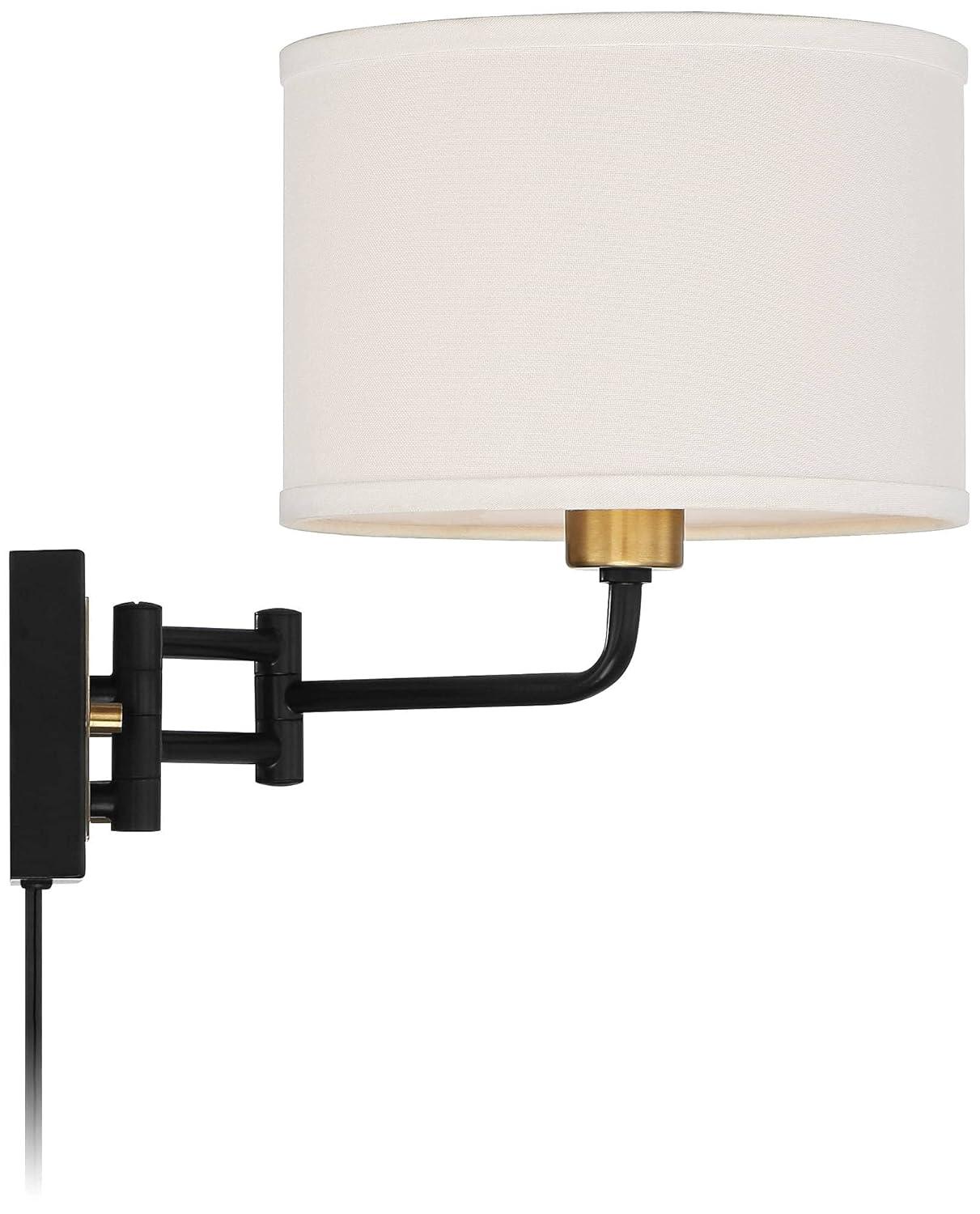 360 Lighting Joelle Modern Swing Arm Wall Lamp Brass Black Plug-in Light Fixture Fabric Drum Shade for Bedroom Bedside Living Room Reading Home House