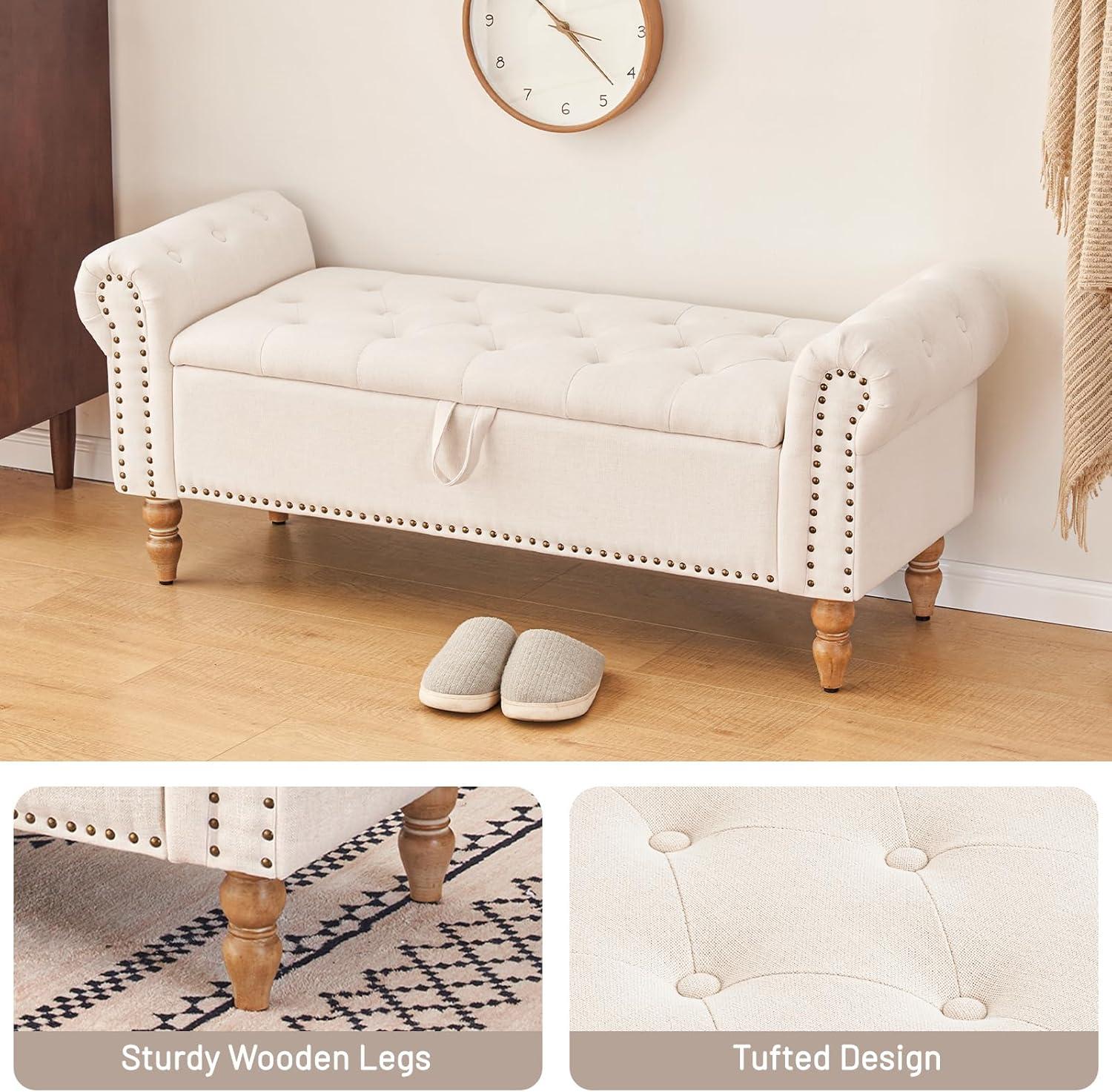 Furniliving Storage Ottoman Bench Button Tufted End of Bed Bench Storage Bench for Bedroom, Beige