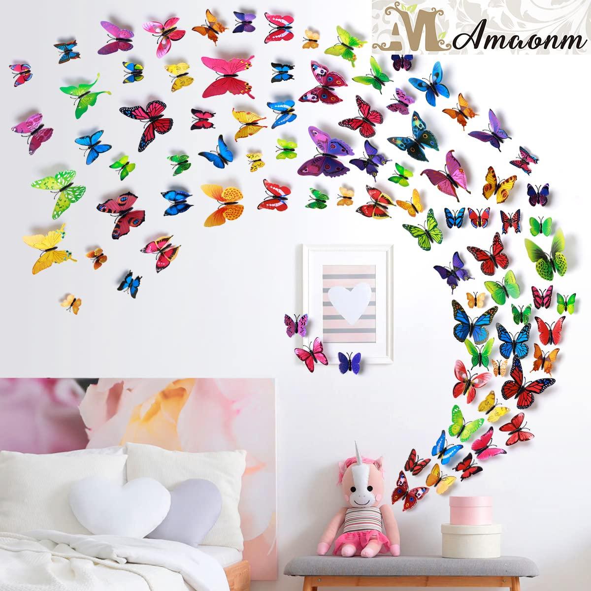 Amaonm 72 Pcs 6 Packages Beautiful 3D Butterfly Wall Decals Removable DIY Home Decorations Art Decor Wall Stickers & Murals for Babys Bedroom Tv Background Living Room (Colorful, Six Color) Colorful