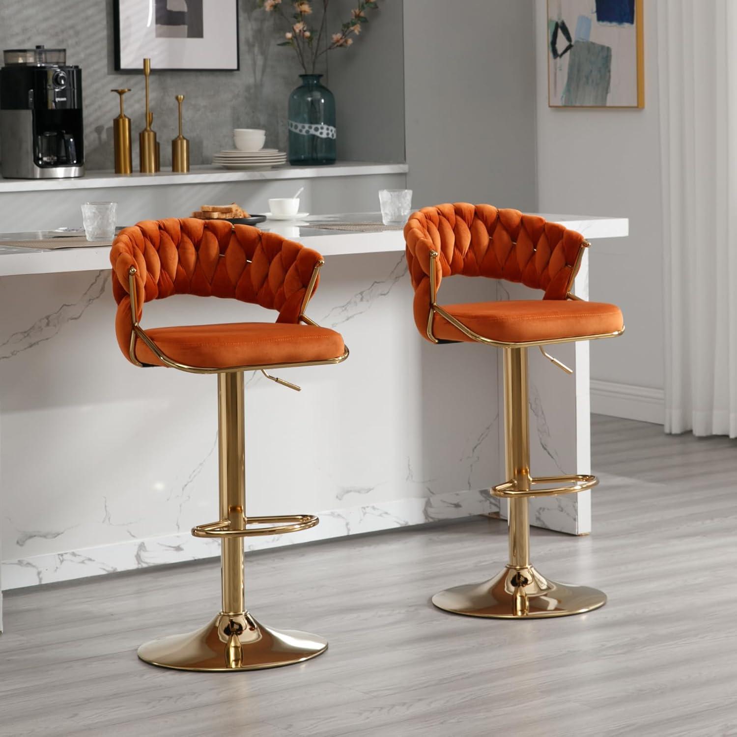 Modern Velvet Adjustable Swivel Bar Stools (Set of 2) Orange