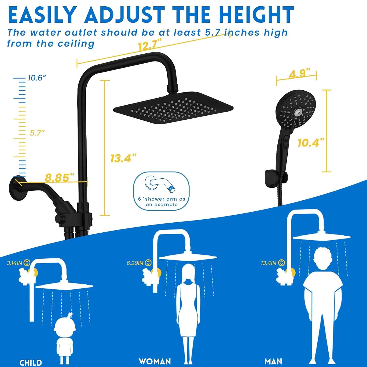 8" Dual Shower Head Combo, Rainfall Shower Head with Handheld, 6 Spray Settings Angle Adjustable Handheld Shower Head with Pause, Height Adjustable, Matte Black