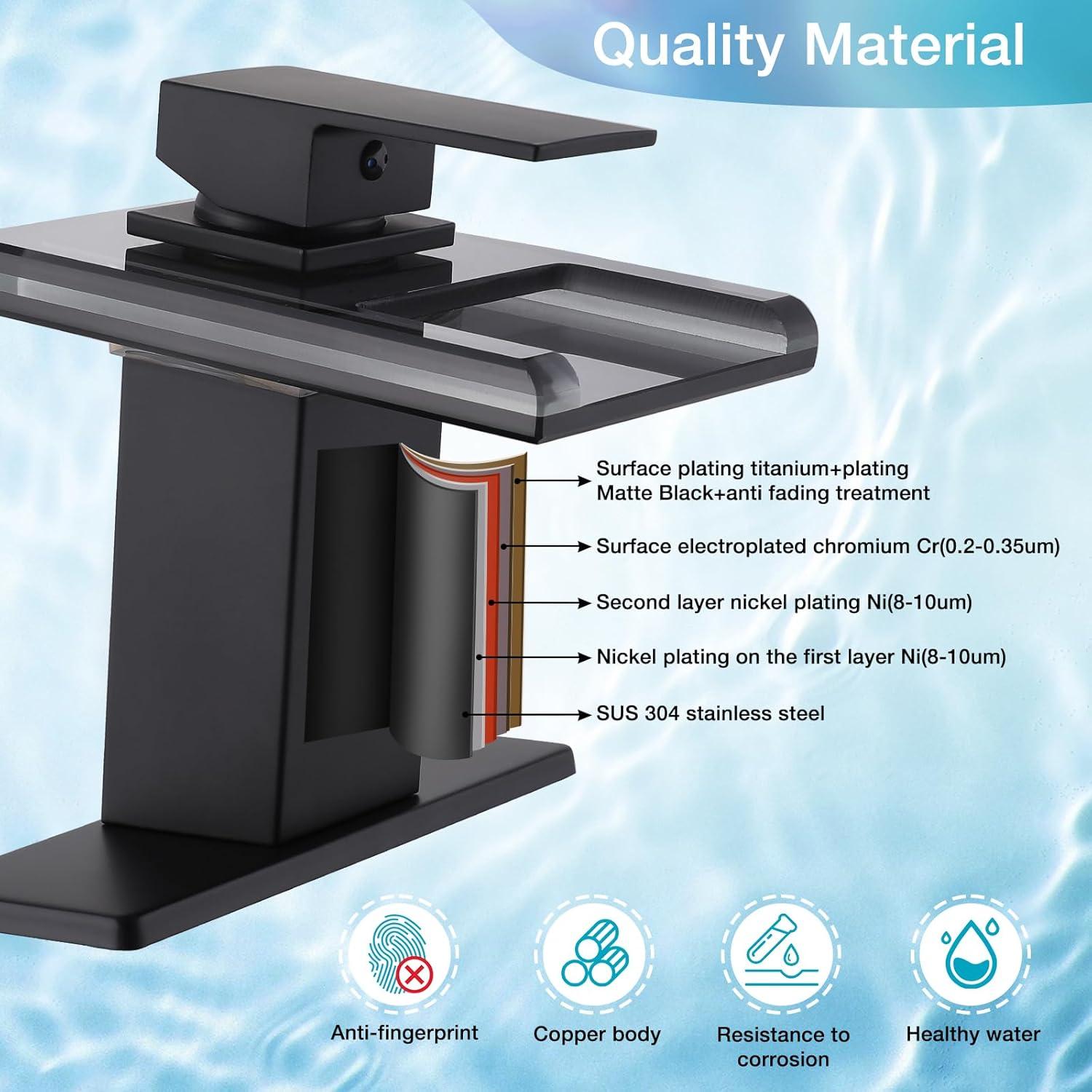 LED Bathroom Sink Faucet, Matte Black Waterfall Single Handle Vanity Faucets for Sinks 1 Hole with Metal Pop Up Drain and 2 Water Supply Lines, Open Glass Spout