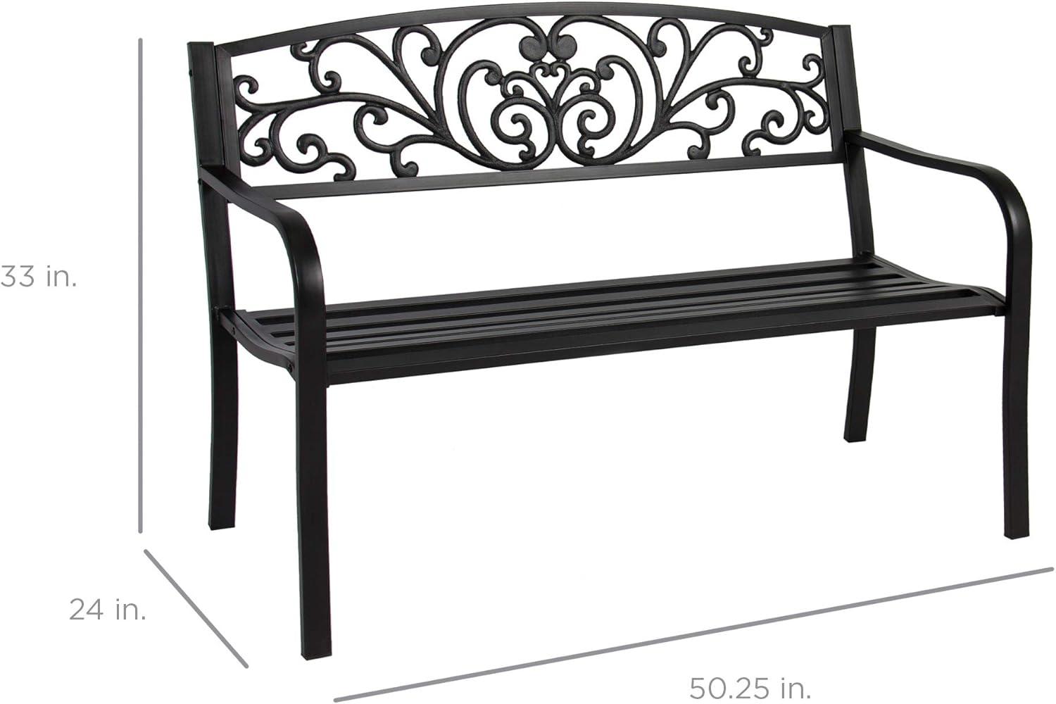 Best Choice Products Outdoor Steel Bench Garden Patio Porch Furniture w/ Floral Design Backrest, Slatted Seat