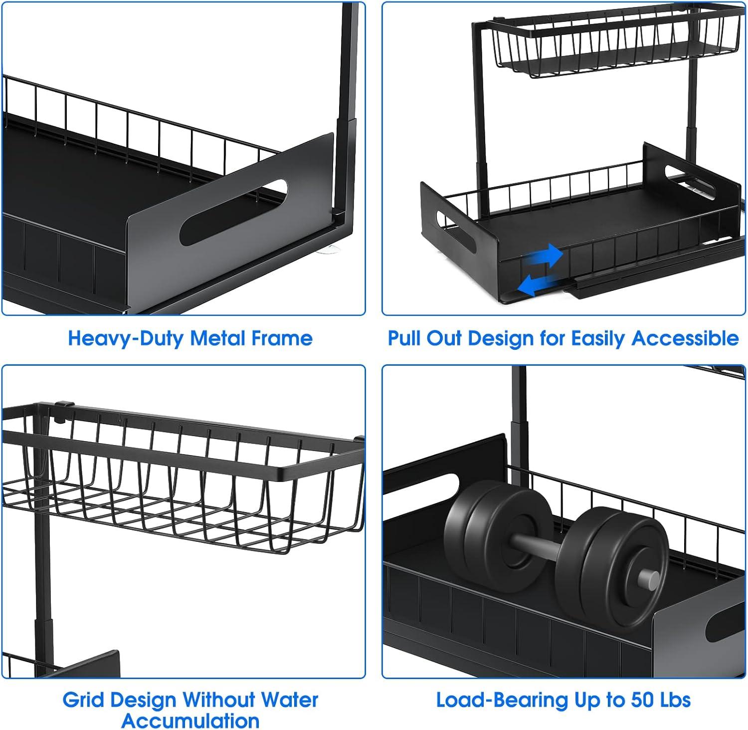 Black Steel 2-Tier Sliding Cabinet Organizer with Drawers