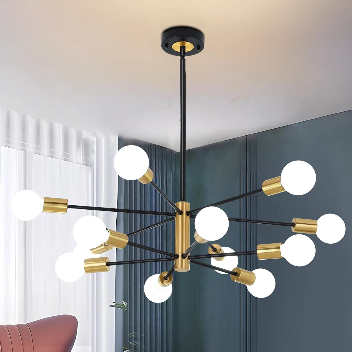 Modern Sputnik Chandelier Ceiling Light Fixture 12-Light E26 Industrial Chandeliers Black Gold Farmhouse Chandelier Height Adjustable Chandeliers for Dining Room, Living Room, Kitchen Island