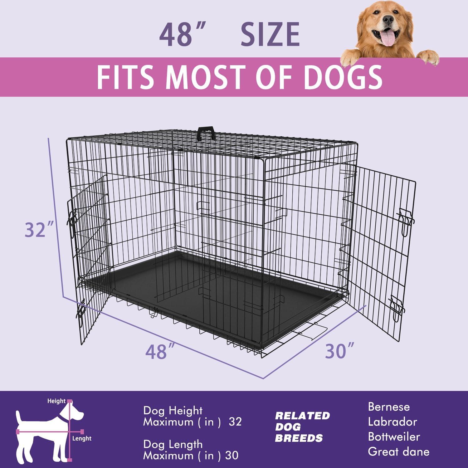 CL.HPAHKL Durable Large Dog Crate, Folding Metal Dog Kennel Double Door Dog Cage with Plastic Tray, Wire Crate for Large Dog Indoor Outdoor Travel (Black, 42 inch)