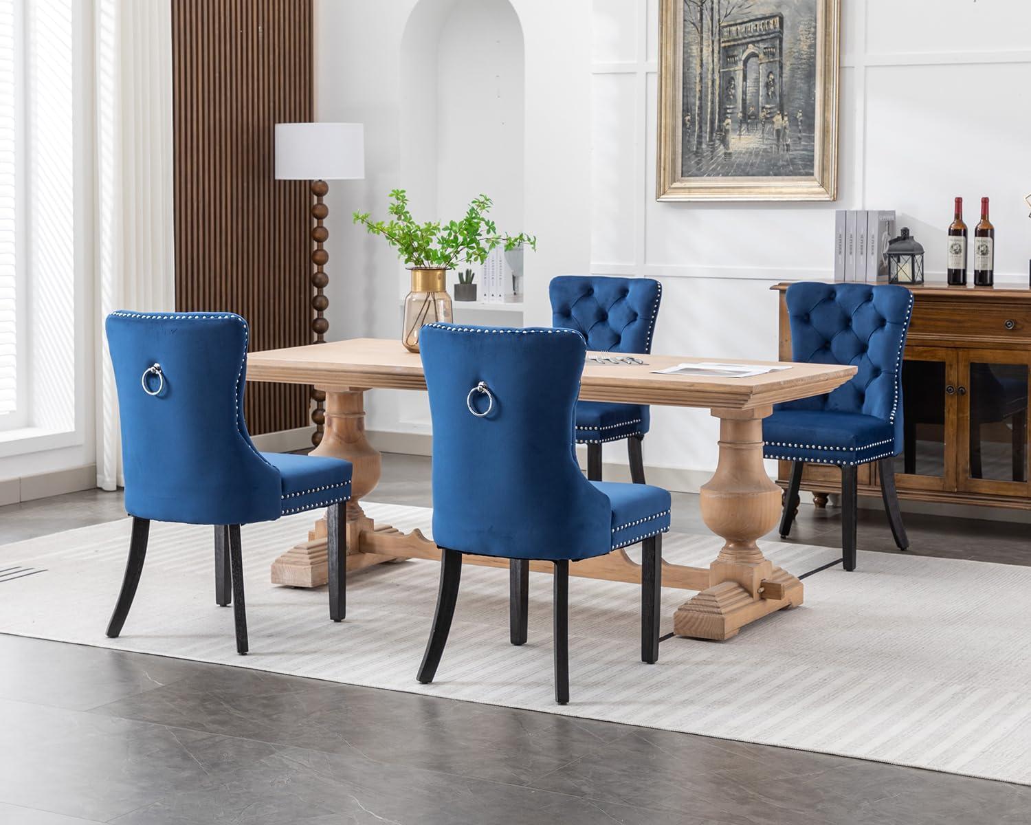 ODUSE-DAILY Velvet Dining Chairs Set of 4, Navy Kitchen & Dining Room Chairs, Tufted Dining Chairs, Fabric Upholstered, Solid Wood, Sillas De Comedor (Blue, 4 Pcs)