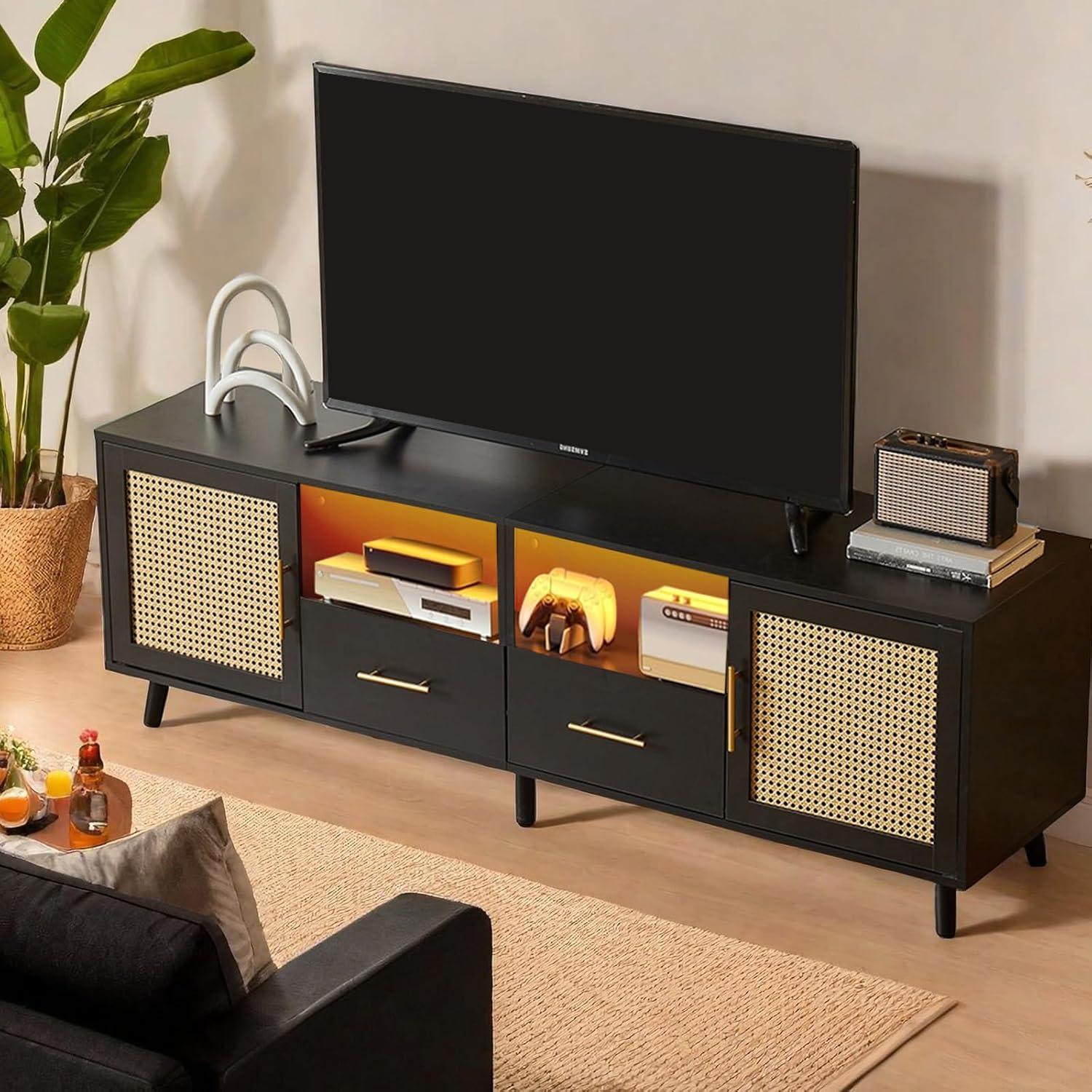 Heyer Large Wood TV Stand for TVs up to 75" with LED Light and Charging Station, Coastal Media Console with Rattan Door, Multimedia Storage Furniture with 2 Drawers  for Gift