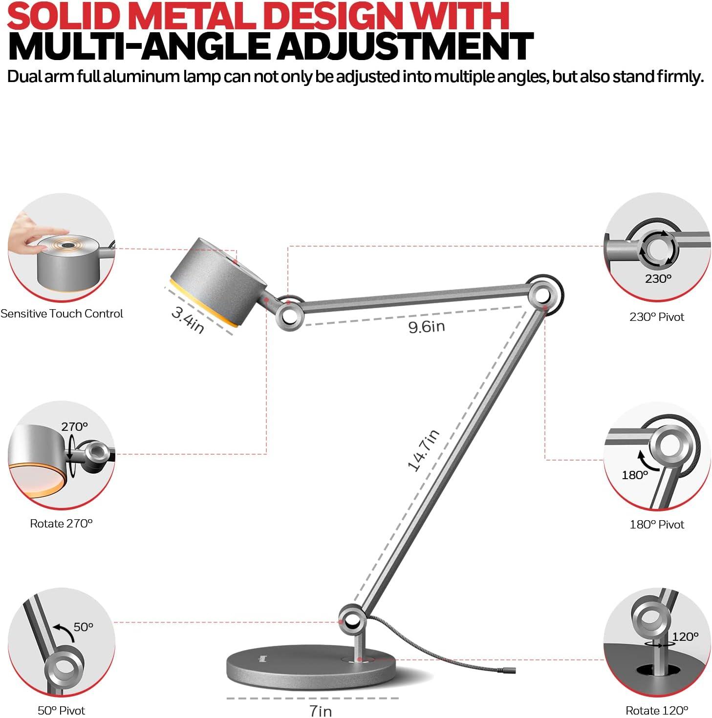 Honeywell HWT-01A Office LED Desk Lamp, 4000K Natural Light Dimmable Eye-Protection Table Lamps, Full Metal Touch Control Desk Light, Adjustable Swing Arm Table Light for Home Office Reading Bedroom