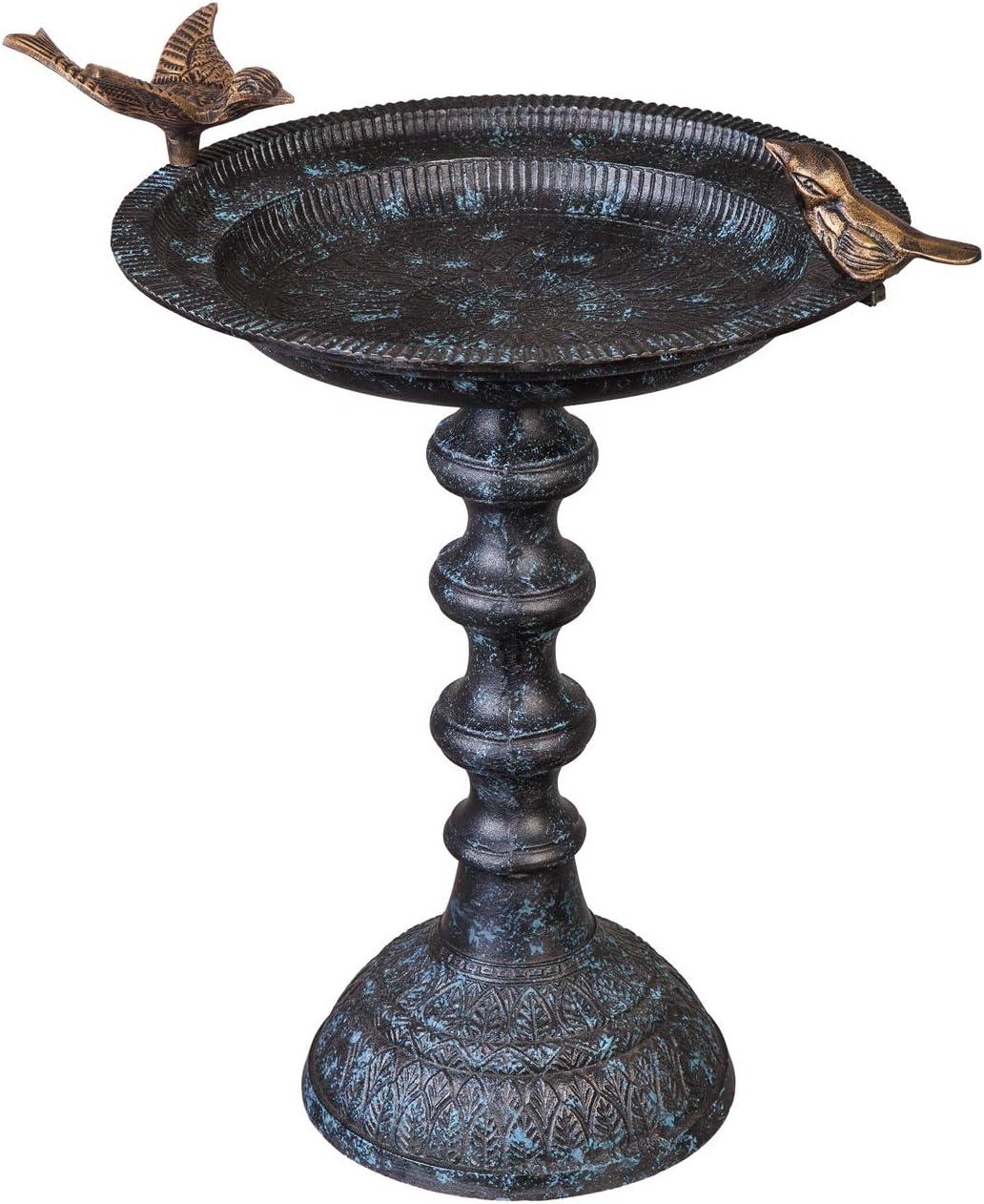 Ornate Cast Iron Bird Bath with Bronze Birds