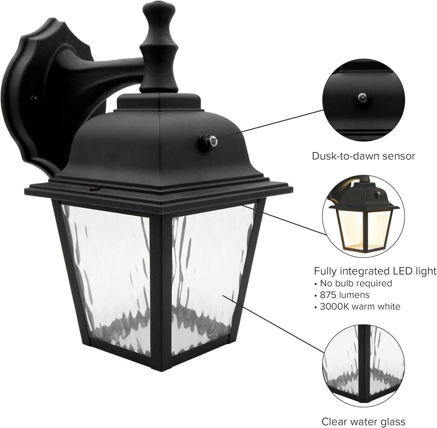 Maxxima LED Porch Lantern Black, Water Glass, Photocell Sensor, 875 Lumens, 3000K Warm White, Dusk to Dawn Sensor