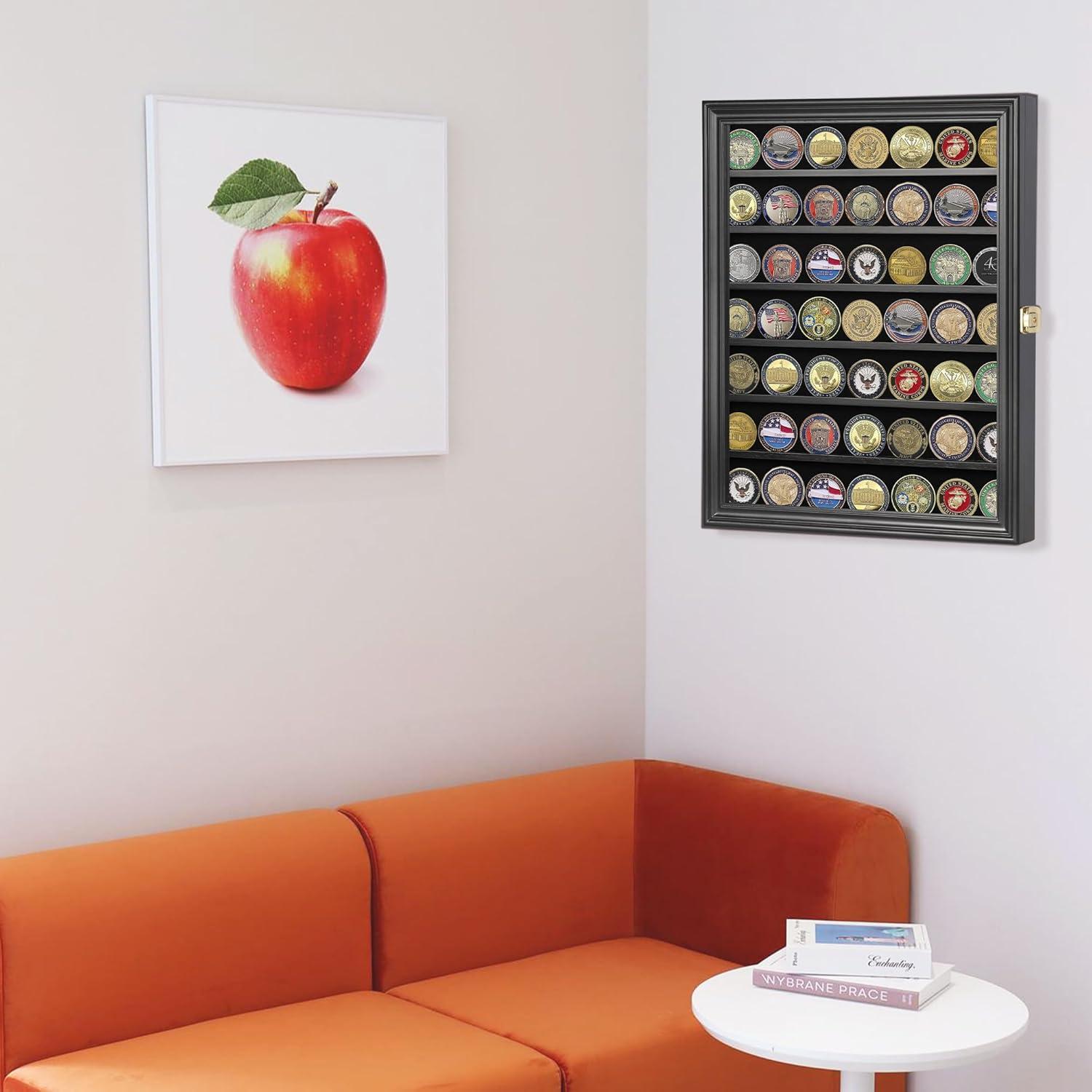 Challenge Coin / Casino Chip Display Case Cabinet Holder Shadow Box, Glass Door, Black (COIN56-BL)