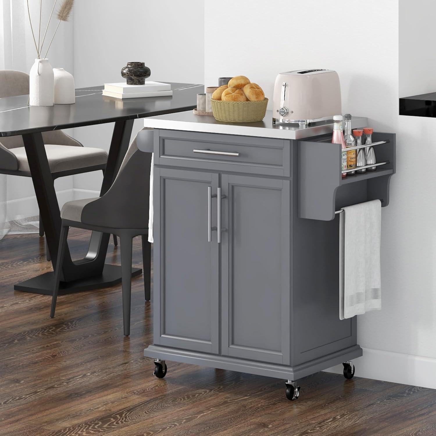 Kitchen Island with Wheels, Rolling Kitchen Cart with Stainless Steel Countertop, Drawer, Towel Rack and Spice Rack, Storage Trolley, Grey