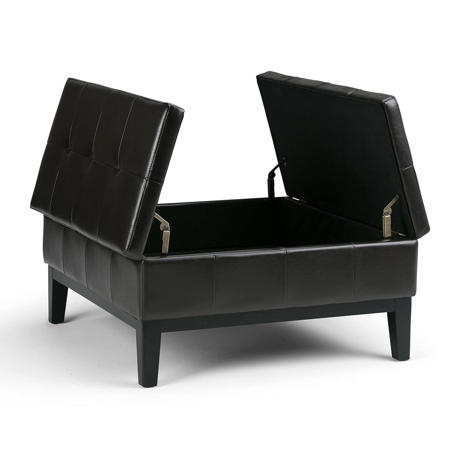 Simpli Home Dover 36"W Upholstered Square Coffee Table Storage Ottoman with Split Tufted Lift Top