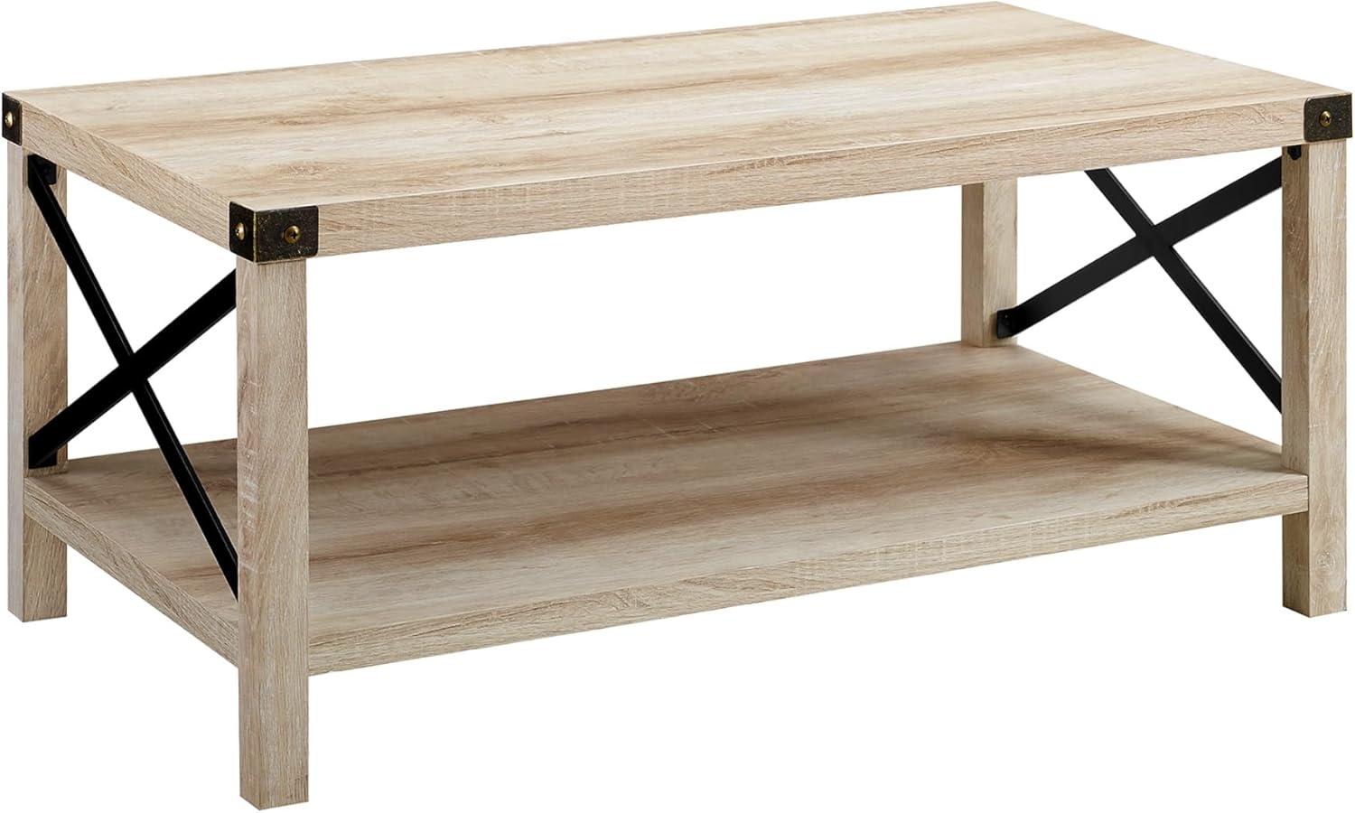 Walker Edison Rectangle Wood and Metal Coffee Table in White Oak