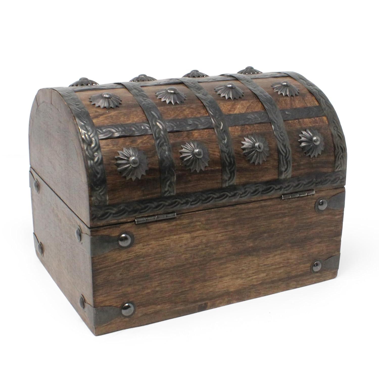 Nautical Cove Wooden Treasure Chest with Padded Velvet Lining and Antique Lock with Skeleton Keys (Small 8x6x6) – Luxury Wood Pirate Chest, Wooden Keepsake Box, Decorative Box with Lid