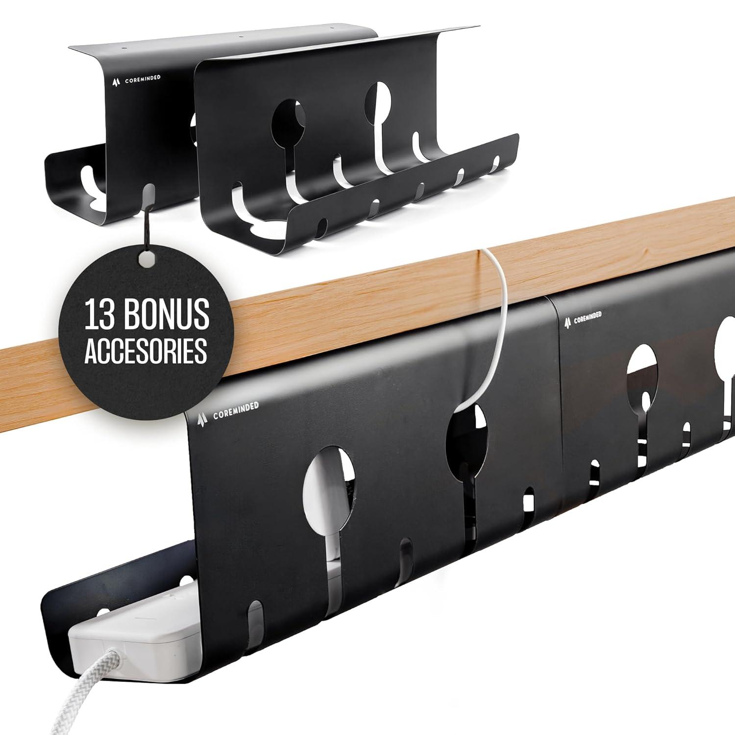 No-Drill Under Desk Cable Management Tray - 2-Pack Wire Organizer for Standing Desk - Cord Management System with Power Strip Holder - L