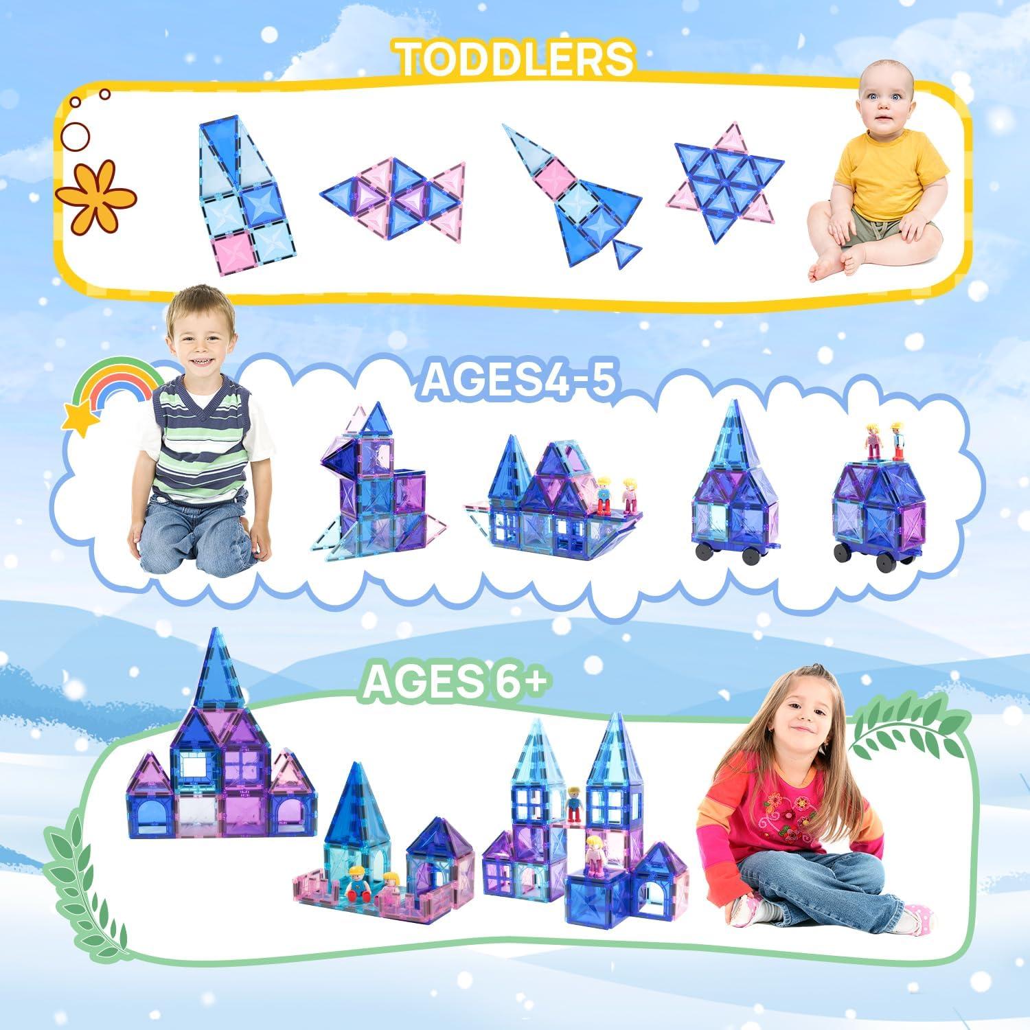 65pcs Frozen Castle Magnet Tiles Building Blocks - 3D STEM Educational Magnetic Tiles Building Blocks Toddler Boy Girls Toys Age 4-5 6-8+ for Pretend Play and Birthday