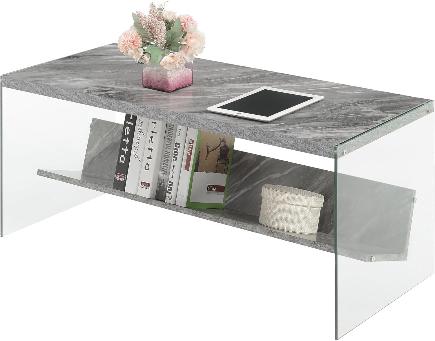 Convenience Concepts Soho Coffee Table in Gray Faux Marble Wood with Glass Sides